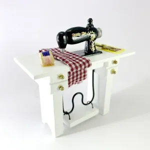 Sewing Machine Checkered Clothes White Desk 01