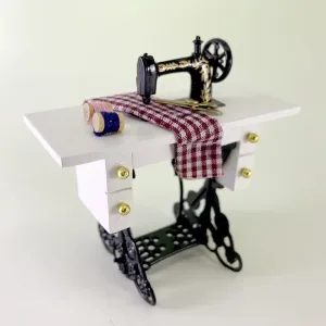 Sewing Machine Scissors Checkered Clothes white Desk 01